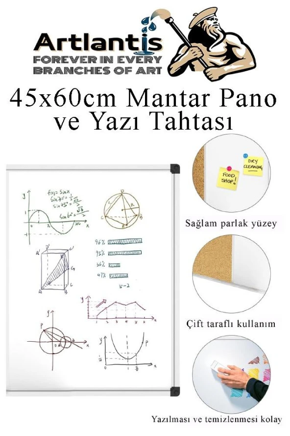 Çift Fonksiyonlu Yazı Tahtası ve Mantar Pano 45x60 cm 1 Adet Alüminyum Çerçeveli Mantar Panolu Yazı Tahtası - 4