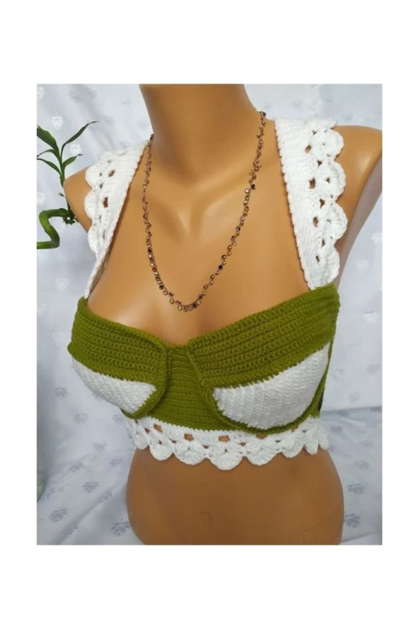 CROP TOP BÜSTİYER ZEYTİN YEŞİLİ BEYAZ RENK HANDMADE