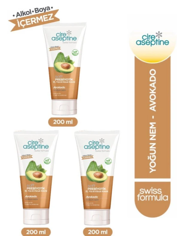 Cire Aseptine Soft Prebiyotik Avokado El,Yüz ve Vücut Kremi 200 Ml 3 Adet