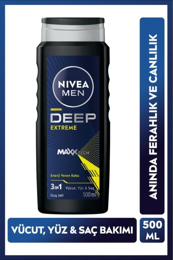 NIVEA Men Erkek Deep Extreme Duş Jeli 500ml, 3'ü 1 Arada Komple Bakım, Vücut, Saç Ve Yüz Için, Ferah