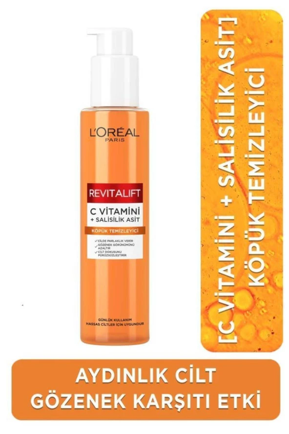 L'OREAL PARİS Revitalift Clinical [C vitamini + Salisilik Asit], Aydınlatıcı ve Gözenek Karşıtı Köpük Temizleyici
