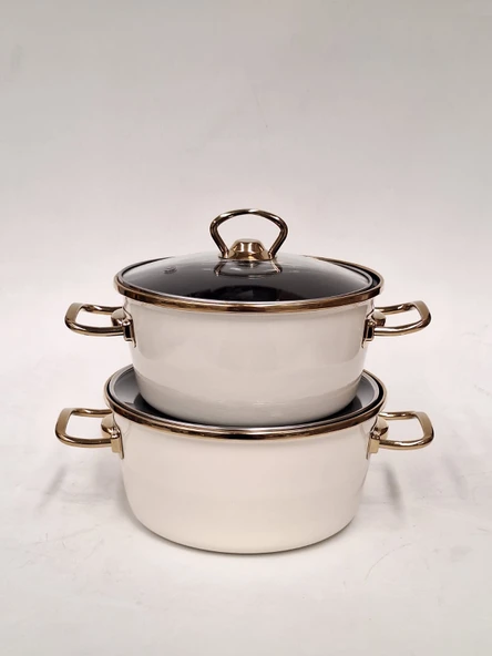 Gizem Emaye İkili Tencere Seti Antik Krem 18/20 cm (2 litre/2,5 litre) - 1