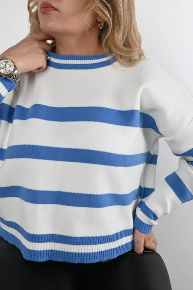 Çizgi Desenli Bisiklet Yaka Triko Kazak 4301-24-007 - 3