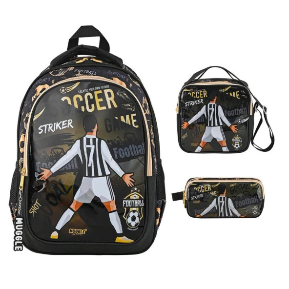 MUGGLE MU-9140 İlkokul Sırt Çantası Soccer Game + Beslenme Çantası + Kalem Kutusu