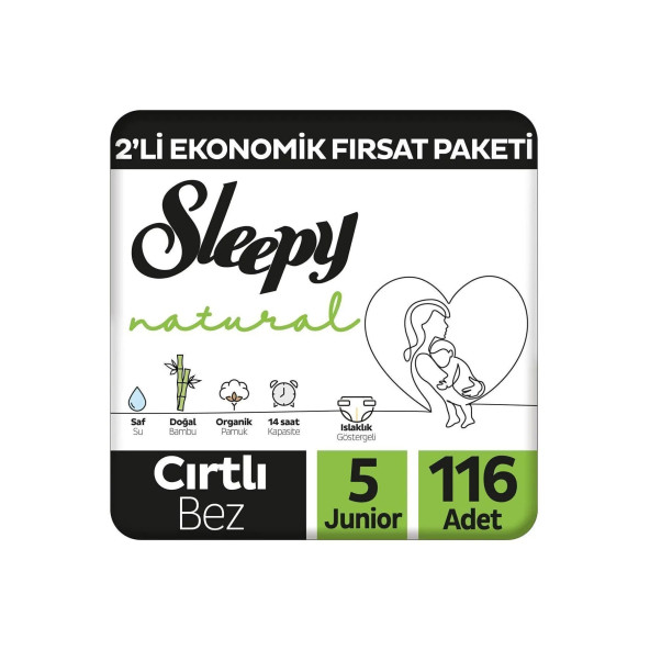 Sleepy Natural 2'li Ekonomik Fırsat Paketi Bebek Bezi 5 Numara Junior 116 Adet