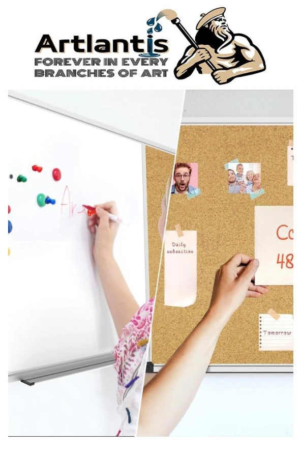 Çift Fonksiyonlu Yazı Tahtası ve Mantar Pano 45x60 cm 1 Adet Alüminyum Çerçeveli Yazı Tahta Kalemi ve Silgisi Harita Çivisi - 6