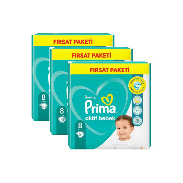 Prima Aktif Bebek 8 Beden Fırsat Paket 31x3 Paket 93 Adet 17+kg Bebek Bezi