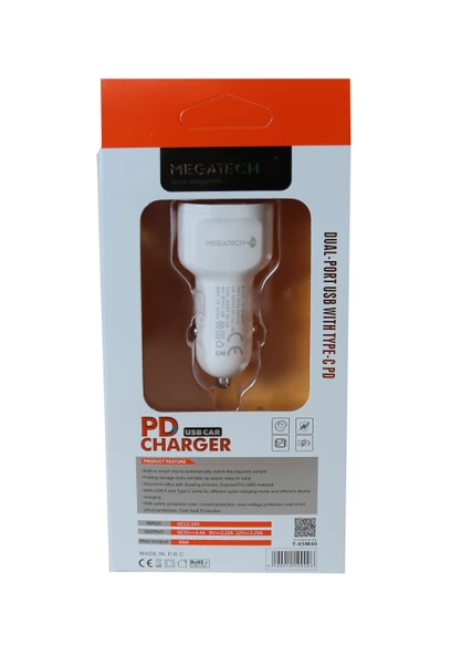 Megatech T05-M40 Beyaz  40W PD-USB Araç Çakmaklık Şarj Başlığı Hızlı Şarj - 2