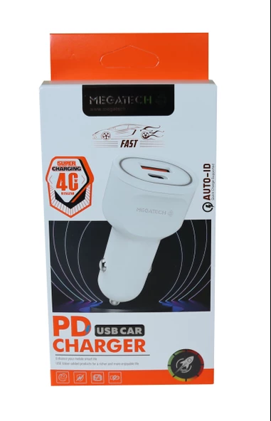 Megatech T05-M40 Beyaz  40W PD-USB Araç Çakmaklık Şarj Başlığı Hızlı Şarj