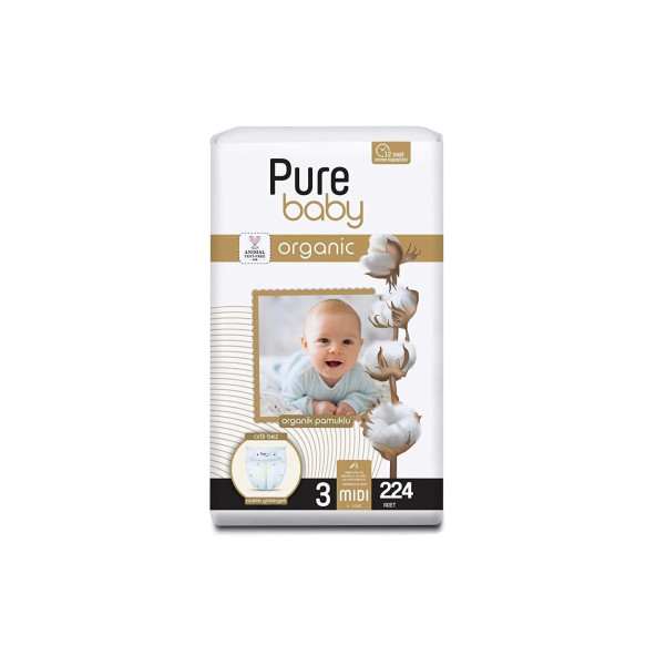 Pure Baby Organik Pamuklu Cırtlı Bez 4'lü Paket 3 Numara Midi 224 Adet