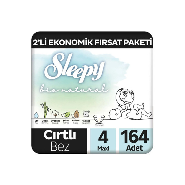 Sleepy Bio Natural 2'Li Ekonomik Fırsat Paketi Bebek Bezi 4 Numara Maxi 164 Adet