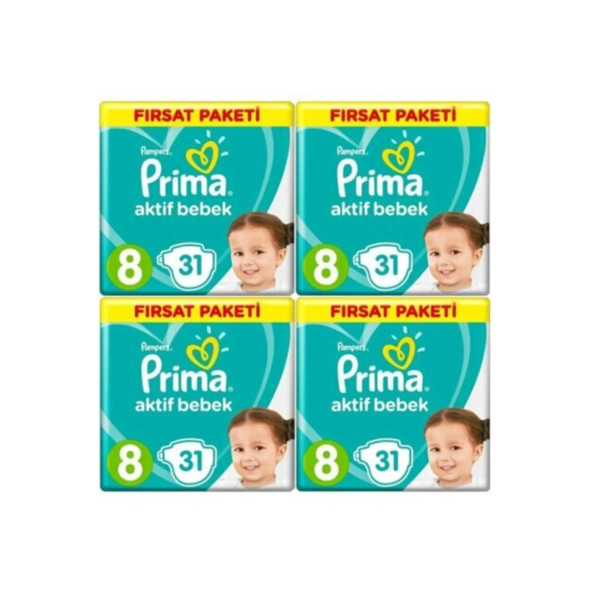 Prima Aktif Bebek 17+ Kg 8 Numara 31 X 4   124'lü Bebek Bezi Paketi