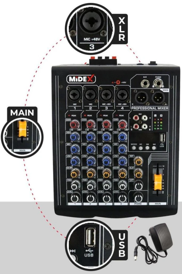 Midex Mp-400 Amfili Power Mikser 2X200 Watt 4 Kanal (Bluetooth Usb Efekt Kayıt)