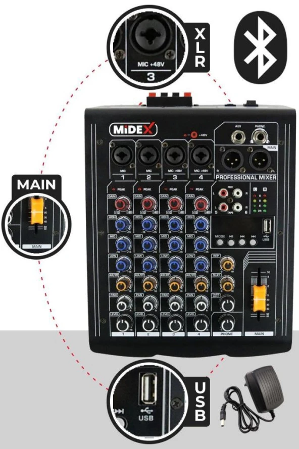 Midex Mp-400 Amfili Power Mikser 2X200 Watt 4 Kanal (Bluetooth Usb Efekt Kayıt) - 3