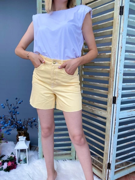 Kadın Kesik Paça Sarı Denim Şort - Resim 6