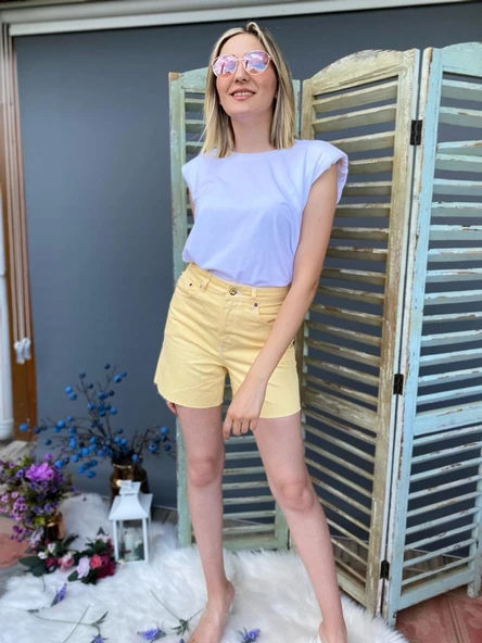 Kadın Kesik Paça Sarı Denim Şort - Resim 3