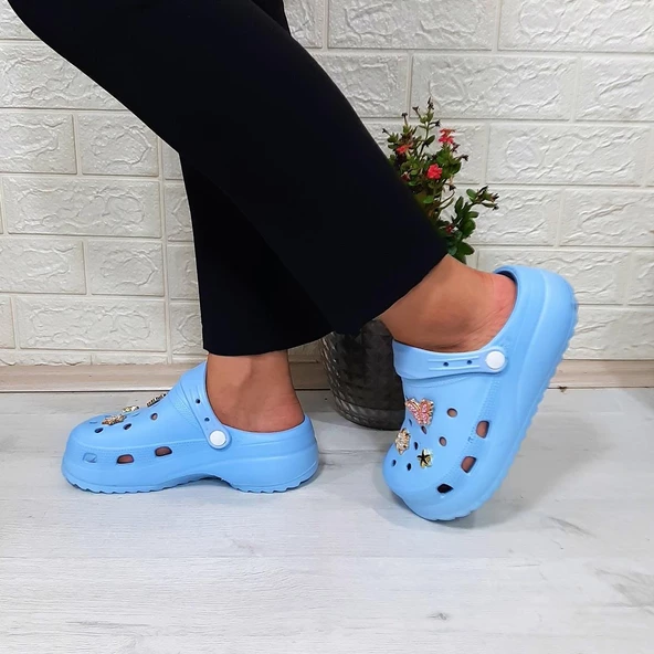 Sonimix 12901 Bebe Mavisi Taşlı Kalın Tabanlı Bayan  Terlik - Resim 5