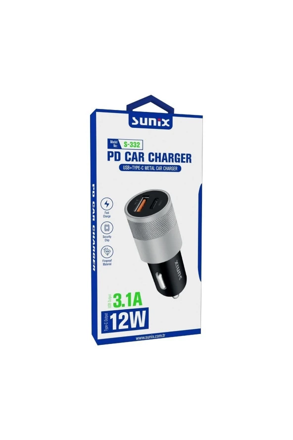 Sunix S-332 Araç Şarj Aleti Başlık 12w Usb-c Ve 3.1 Amper