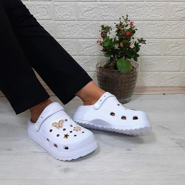 Sonimix 12901 Beyaz Taşlı Kalın Tabanlı Bayan  Terlik - Resim 3