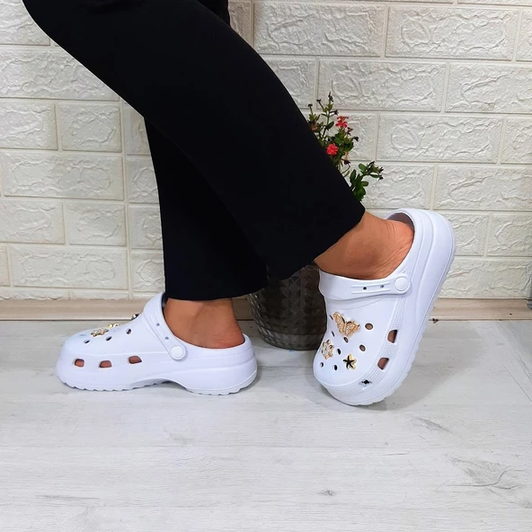 Sonimix 12901 Beyaz Taşlı Kalın Tabanlı Bayan  Terlik - Resim 5