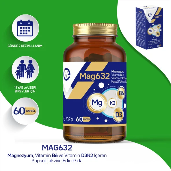 Mag632 Magnezyum, Vitamin B6 ve Vitamin D3K2 İçeren Kapsül Takviye Edici Gıda