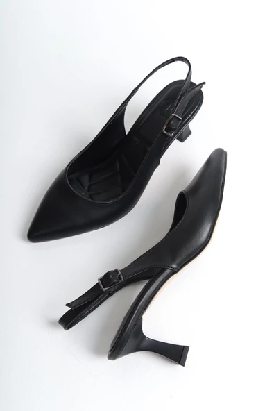 Kas Siyah Mat Stiletto Arkası Açık Kadeh Topuklu Ayakkabı