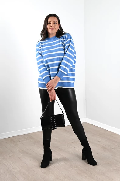 Kadın Çizgili Balon Kol Bisiklet Yaka Triko 4306-24-002 - 3