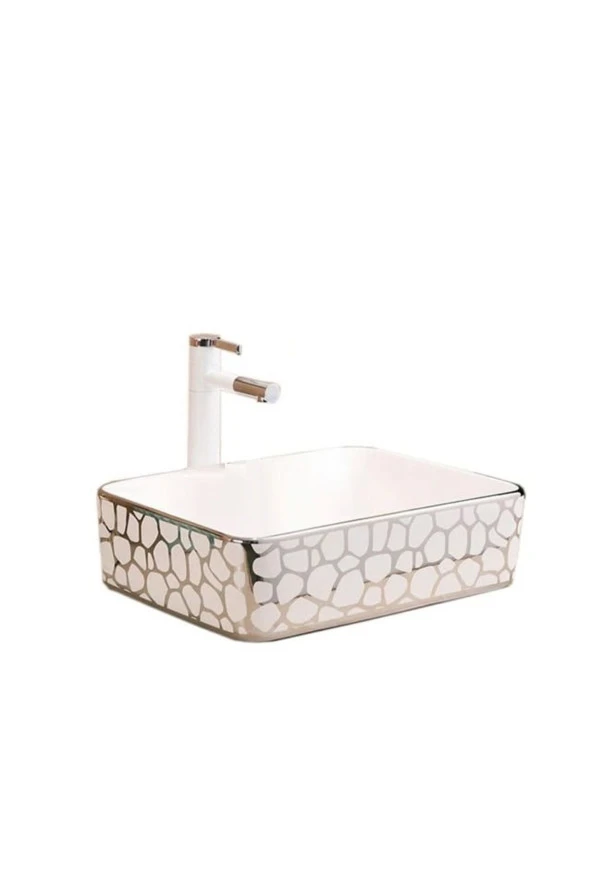 ÇANAK LAVABO KARE DİKDÖRTGEN GÜMÜŞ  37x48x13 CM TEZGAH ÜSTÜ SERAMİK KROM DESENLİ LÜKS