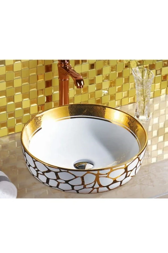 ÇANAK LAVABO YUVARLAK GOLD ZERO 41,5 CM ÇAP YÜKSEKLİK 13,5 CM TEZGAH ÜSTÜ SERAMİK ALTIN DESENLİ LÜKS