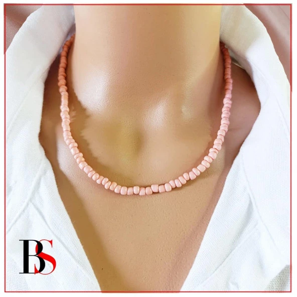 Toz Pembe Renk Kesme Boncuk Kadın Kolye ürün görseli