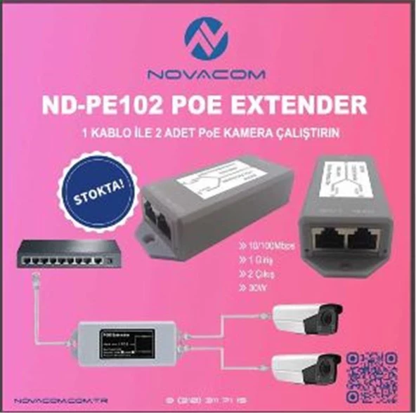 Nova ND-PE102W Poe Extender 10-100 Mbps 1 İnput 2 Output 30W Dış Ortam