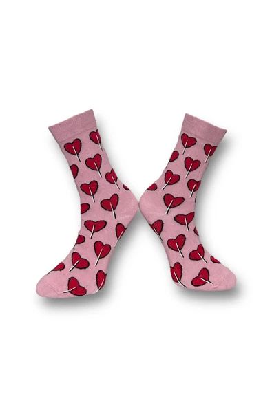 Me-vo Tekli Pudra Renkli Bay/Bayan Unisex Esnek Nem Alabilen Pamuklu Kalp Desenli Soket Çorap - Resim 2