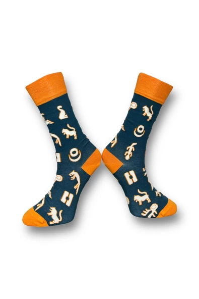 Me-vo Tekli Lacivert Renkli Bay/Bayan Unisex Esnek Nem Alabilen Pamuklu Etnik Desenli Soket Çorap - Resim 2