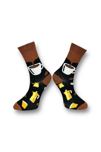 Me-vo Tekli Siyah Renkli Bay/Bayan Unisex Esnek Nem Alabilen Pamuklu Kahve Desenli Soket Çorap - Resim 2