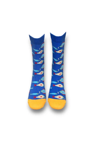 Me-vo Tekli Mavi Renkli Bay/Bayan Unisex Esnek Nem Alabilen Pamuklu Balık Desenli Soket Çorap - Resim 3