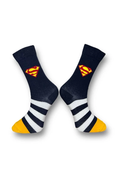 Me-vo Tekli Lacivert Renkli Bay/Bayan Unisex Esnek Nem Alabilen Pamuklu Superman Desenli Soket Çorap - 2
