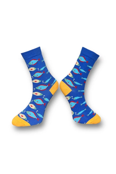 Me-vo Tekli Mavi Renkli Bay/Bayan Unisex Esnek Nem Alabilen Pamuklu Balık Desenli Soket Çorap - Resim 2