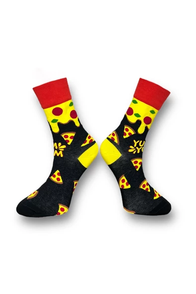 Me-vo Tekli Siyah Renkli Bay/Bayan Unisex Esnek Nem Alabilen Pamuklu Pizza Desenli Soket Çorap - 2