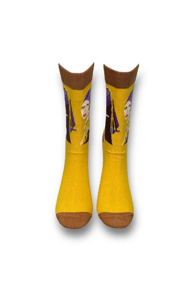 Me-vo Tekli Hardal Sarısı Renkli Bay/Bayan Unisex Esnek Nem Alabilen Pamuklu Sanatsal Soket Çorap - Resim 3
