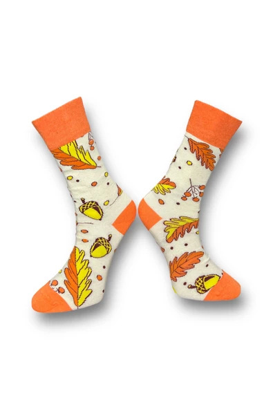 Me-vo Tekli Krem Renkli Bay/Bayan Unisex Esnek Nem Alabilen Pamuklu Yaprak Desenli Soket Çorap - Resim 2