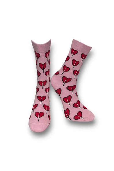 Me-vo Tekli Pudra Renkli Bay/Bayan Unisex Esnek Nem Alabilen Pamuklu Kalp Desenli Soket Çorap ürün görseli