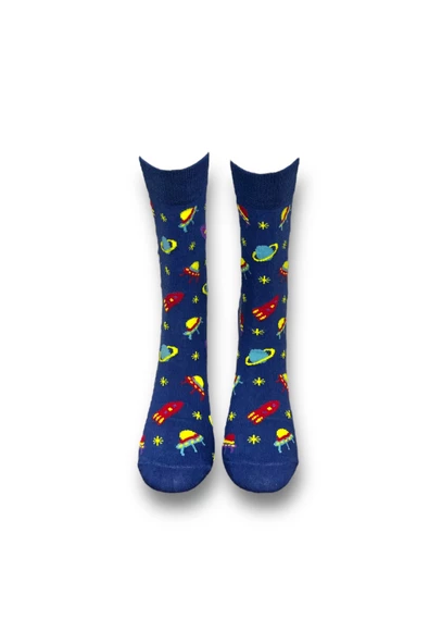 Me-vo Tekli Lacivert Renkli Bay/Bayan Unisex Esnek Nem Alabilen Pamuklu Galaksi Desenli Soket Çorap - Resim 3