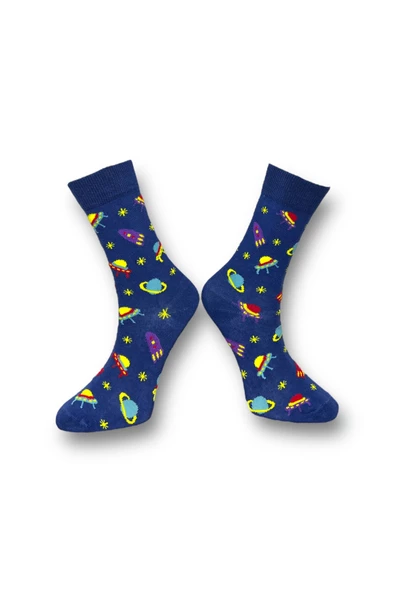 Me-vo Tekli Lacivert Renkli Bay/Bayan Unisex Esnek Nem Alabilen Pamuklu Galaksi Desenli Soket Çorap - Resim 2