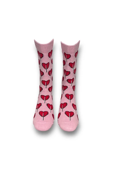 Me-vo Tekli Pudra Renkli Bay/Bayan Unisex Esnek Nem Alabilen Pamuklu Kalp Desenli Soket Çorap - Resim 3