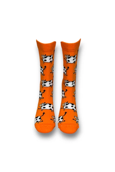 Me-vo Tekli Turuncu Renkli Bay/Bayan Unisex Esnek Nem Alabilen Pamuklu İnek Desenli Soket Çorap - Resim 3