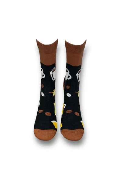 Me-vo Tekli Siyah Renkli Bay/Bayan Unisex Esnek Nem Alabilen Pamuklu Kahve Desenli Soket Çorap - Resim 3