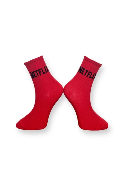 Me-vo Tekli Kırmızı Renkli Bay/Bayan Unisex Esnek Nem Alabilen Pamuklu Netflix Yazılı Soket Çorap - Resim 2