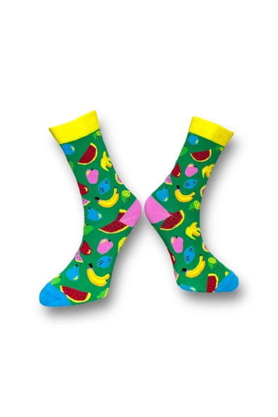 Me-vo Tekli Yeşil Renkli Bay/Bayan Unisex Esnek Nem Alabilen Pamuklu Meyve Desenli Soket Çorap - Resim 2