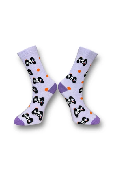 Me-vo Tekli Lila Renkli Bay/Bayan Unisex Esnek Nem Alabilen Pamuklu Konsol Desenli Soket Çorap - Resim 2