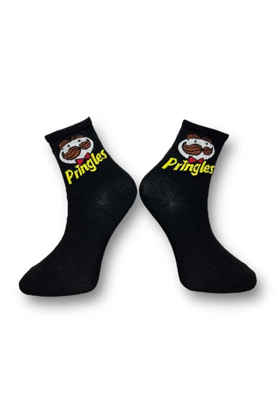 Me-vo Tekli Siyah Renkli Bay/Bayan Unisex Esnek Nem Alabilen Pamuklu Pringles Desenli Soket Çorap - Resim 2